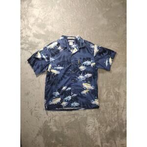 Columbia River Lodge Button Shirt Mens M Blue Tuna Fish Print Short Sleeve Beach
